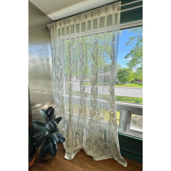 Vintage 70s pleated curtain, cream off-white mesh, floral tropical, for each - Picture 2 of 10